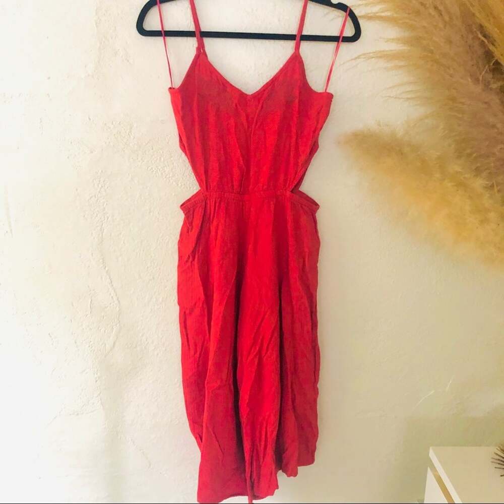ROXY Rose Red Tank Top Cutouts Floral Embroidered Wide Leg Crop Pant Jumpsuit S